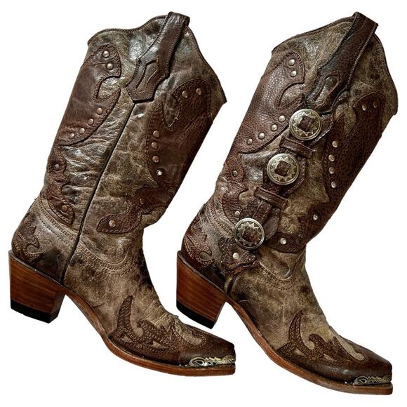 Corral Rancho Western Boots Brown Leather Studded with Silver Concho's Size 6.5 - Picture 1 of 14